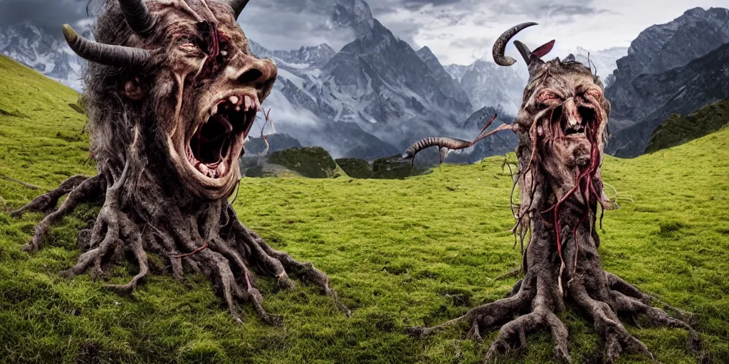 Image similar to historical sharp 4 k photograph of a man turning into a grotesque monster with goathorns and roots growing from his face in a pasture in the alps