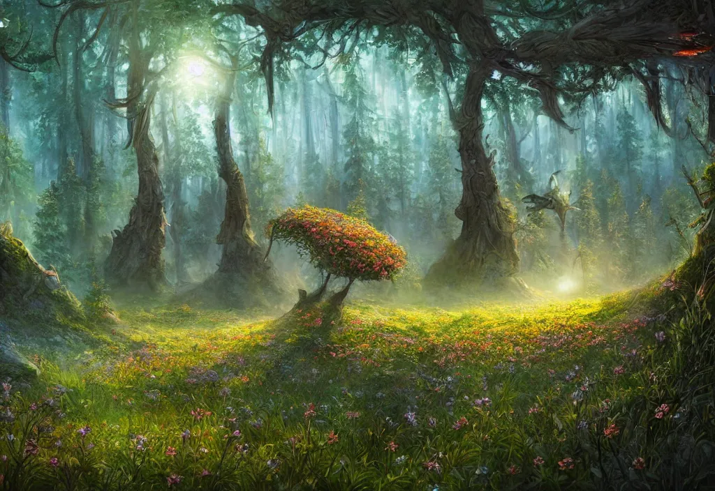 Image similar to an alien flowering meadow a forest behind it, epic fantasy, detailed, intricate, digital painting, concept art, realistic, smooth, focus, rim light