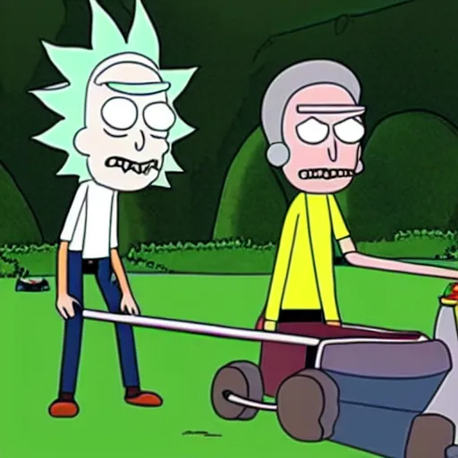 Prompt: rick and morty mowing the lawn