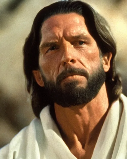 Image similar to film still close - up shot of vince mcmahon as jesus. photographic, photography