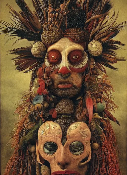 Image similar to a ((surreal)) painting of a shaman's face, by Giuseppe Arcimboldo, symbolist, soft colors, dramatic lighting, smooth, sharp focus, extremely detailed, aesthetically pleasing composition