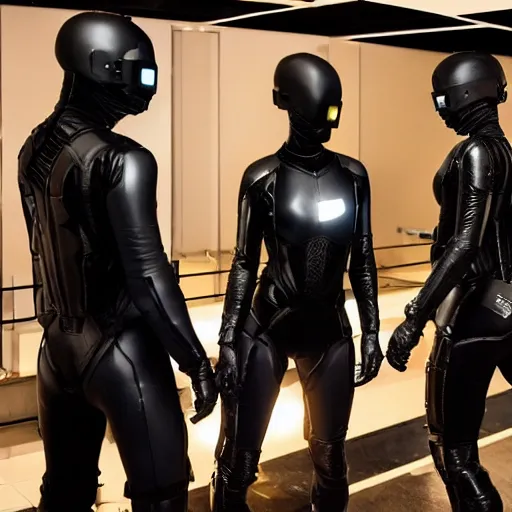 Prompt: love, diverse dark cybersuits, from behind, connection rituals, wide wide angle, vivid, elaborate, highly detailed, beautiful lighting