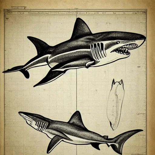 Prompt: anatomical drawing of shark, davinci style, medical drawing, blueprint, schematic, old school