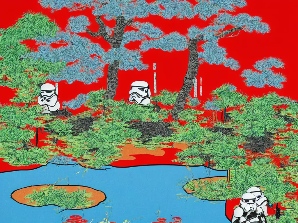 Prompt: close - up image of a japanese red house with a pond, with stormtroopers sitting around it, a combination of pop - art and traditional japanese painting styles, the style of andy warhol, roy lichtenstein and jackie tsai, bright and saturated palette, acrylic on canvas