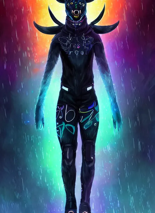 Image similar to award winning beautiful portrait commission of a male furry anthro Black Reindeer cyberpunk fursona with a tail, wings, wings, wings and a cute beautiful attractive detailed furry face wearing stylish black and rainbow galaxy clothes, outline, in a cyberpunk city at night while it rains. Character design by charlie bowater, ross tran, artgerm, and makoto shinkai, detailed, inked, western comic book art