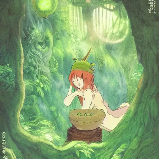 Image similar to a green genie ready to grant wishes deep in the forest, fantasy illustration, studio ghibli