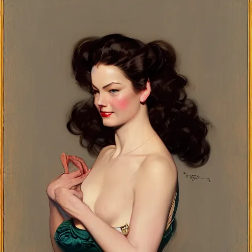 Image similar to portrait of a beautiful woman, intricate, elegant, highly detailed, by gil elvgren, by greg manchess, by mucha, by ruan jia