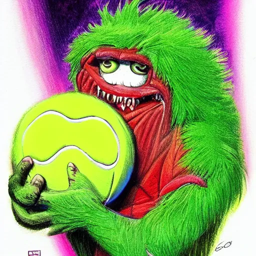 Prompt: a tennis ball monsters, colorful, digital art, fantasy, magic, chalk, trending on artstation, ultra detailed, professional illustration by basil gogos