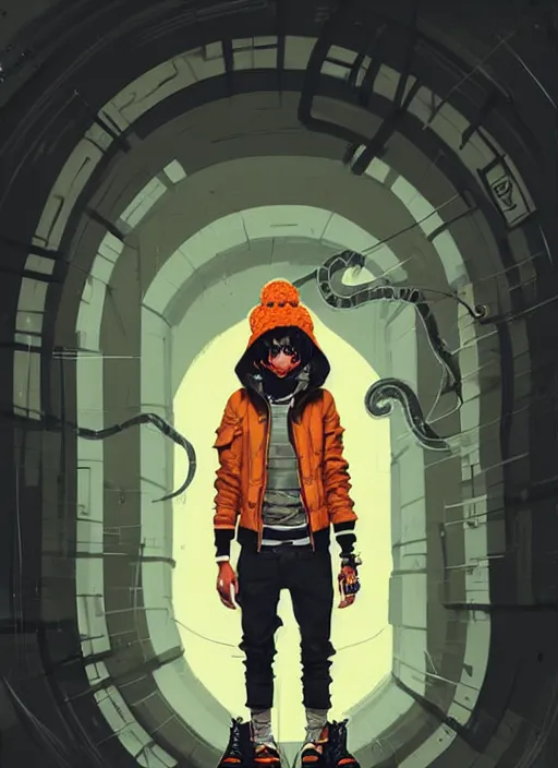 Image similar to highly detailed portrait of a sewer punk ricardo milos, tartan hoody, ringlet hair by atey ghailan, by greg rutkowski, by greg tocchini, by james gilleard, by joe fenton, by kaethe butcher, gradient orange, black, cream and white color scheme, grunge aesthetic!!! ( ( graffiti tag wall background ) )