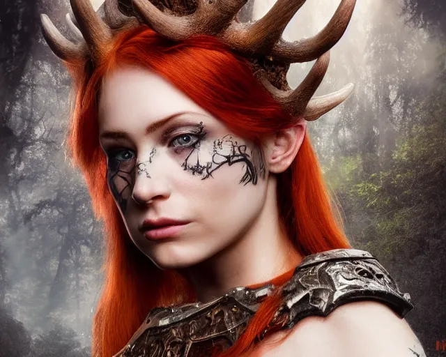 Image similar to 5 5 mm portrait photo of an armored gorgeous anesthetic redhead woman warrior with a face tattoo and antlers growing from her head, in a magical forest in the style of stefan kostic, art by luis royo. highly detailed 8 k. intricate. lifelike. soft light. nikon d 8 5 0. cinematic post - processing