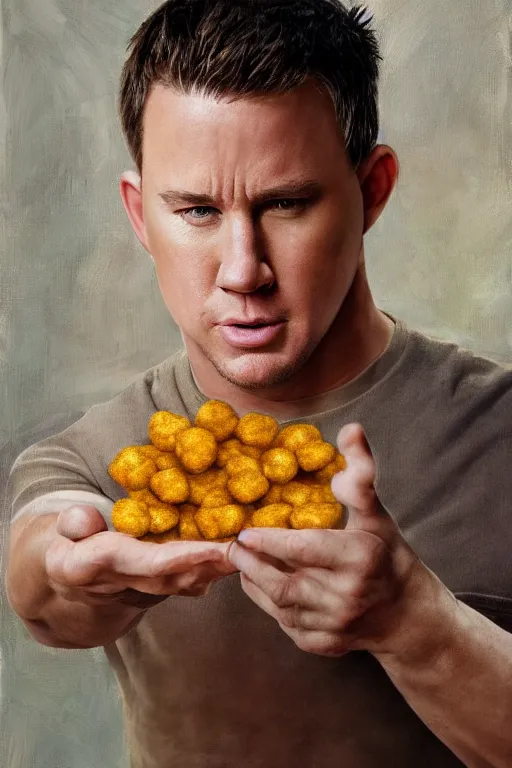 Image similar to channing tatum in a tater tot costume, oil on canvas, intricate, portrait, 8 k highly professionally detailed, hdr, cgsociety