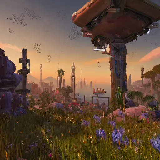 Image similar to hazy days of summer, by World of Warcraft and Cyberpunk 2077