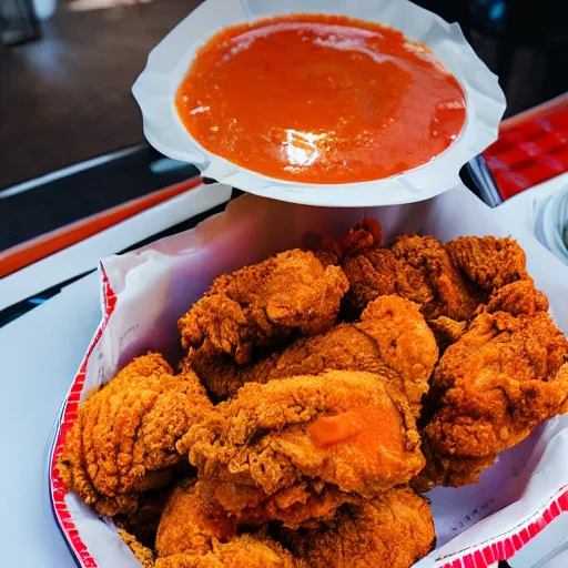 Image similar to photograph of a fried chicken and funnel cake basket, Buffalo sauce on the side, 4K, HD