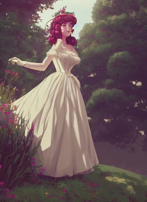 Image similar to a beautiful woman in a regency style dress, royal garden landscape , 4k, anime key visual, lois van baarle, ilya kuvshinov, rossdraws, artstation