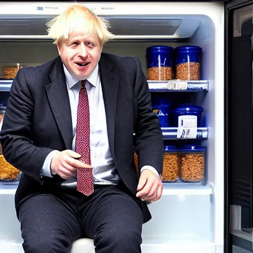 Image similar to boris johnson sat in a fridge eating jam with his fingers