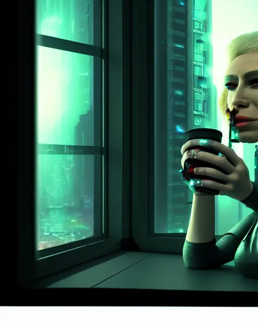 Prompt: a terminator cyborg lady with borg implants and a human face is drinking coffee near a window with dystopian city visible outside. tiny green led lights in her cybernetics. very detailed 8 k. horror cyberpunk style.