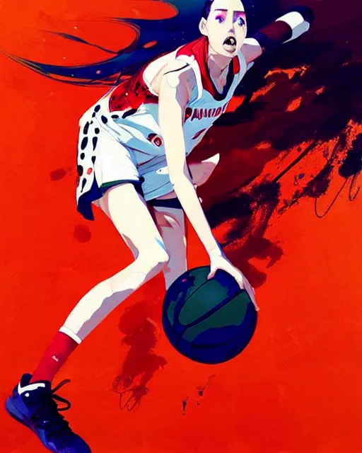 Image similar to a ultradetailed beautiful panting of a woman playing basketball, by conrad roset, greg rutkowski and makoto shinkai, trending on artstation