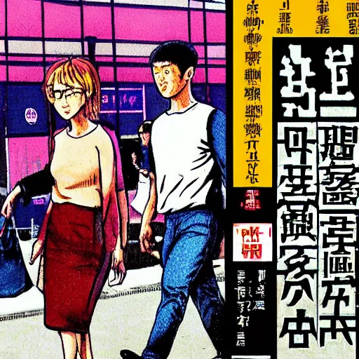 Image similar to glossy old advertising poster, mark zuckerberg walking through crowded hong kong street, vendors, drawn comic by junji ito, pastels, gradient