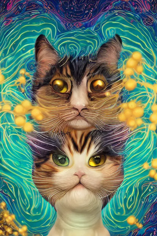 Image similar to Recursive image with a well rounded Calico feline, large eyes, shiny soft fur, anatomically correct, surrounded by swirling wisps of jelly, oil pastels and gold, anime, cartoon, in the style of Victo Ngai, modeled in Poser, Redshift render, UHD