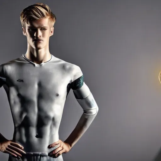 Image similar to a realistic detailed photo of a guy who is an attractive humanoid who is half robot and half humanoid, who is a male android, soccer player martin ødegaard, shiny skin, posing like a statue, blank stare, in a living room, on display, showing off his muscles