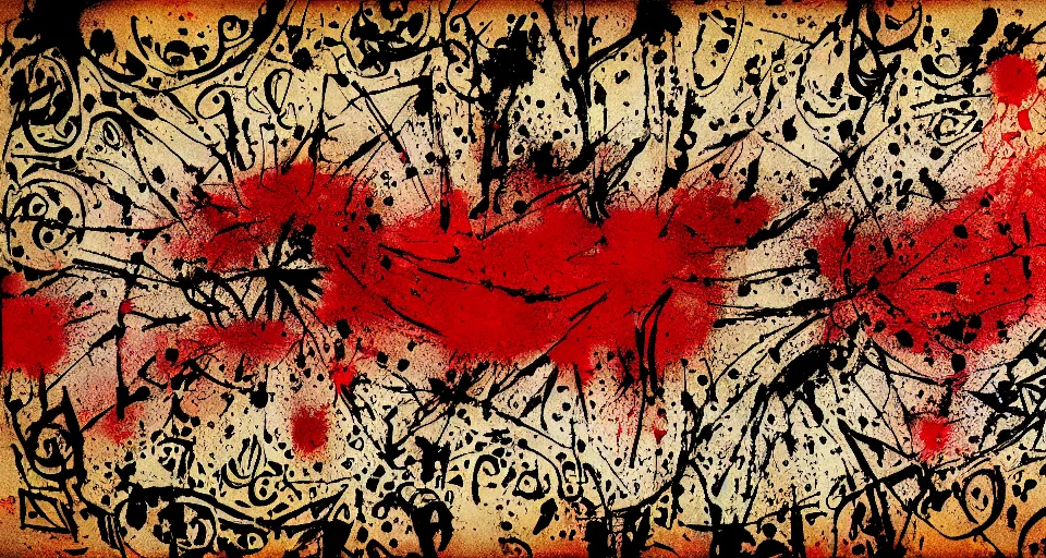 Image similar to category b film poster with trace of a shot in centre, ink painting with patterns, texture, blood splatter on the sides, focus render, painting, grainy tape, distortion, few details,