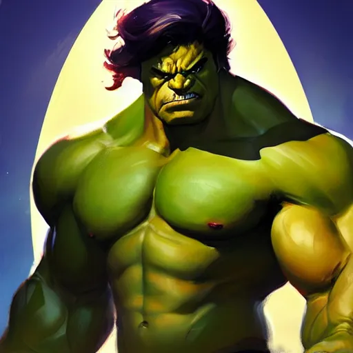 Image similar to Greg Manchess portrait painting of the Hulk as Overwatch character, medium shot, asymmetrical, profile picture, Organic Painting, sunny day, Matte Painting, bold shapes, hard edges, street art, trending on artstation, by Huang Guangjian and Gil Elvgren and Sachin Teng