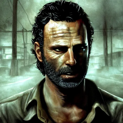 Prompt: rick grimes in silent hill, artstation hall of fame gallery, editors choice, #1 digital painting of all time, most beautiful image ever created, emotionally evocative, greatest art ever made, lifetime achievement magnum opus masterpiece, the most amazing breathtaking image with the deepest message ever painted, a thing of beauty beyond imagination or words