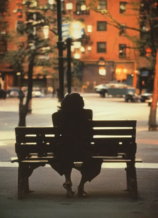 Prompt: a 35mm photograph of a woman sitting on a bench in Harlem, New York City in the 1960's at sunset, bokeh, Canon 50mm, cinematic lighting, photography, retro, film, Kodachrome, award-winning, rule of thirds, golden hour