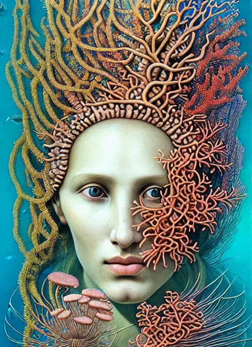 Image similar to realistic detailed underwater face portrait of the beutiful young goddess of the fish of the fractal waters with an intricate headdress of corals, sea kelp, sea plants, coral reef, fish, jellyfish, art by ernst haeckel, zdzisław beksinski, hieronymus bosch, gothic, neo - gothic, ornamental, beautiful deep colours,