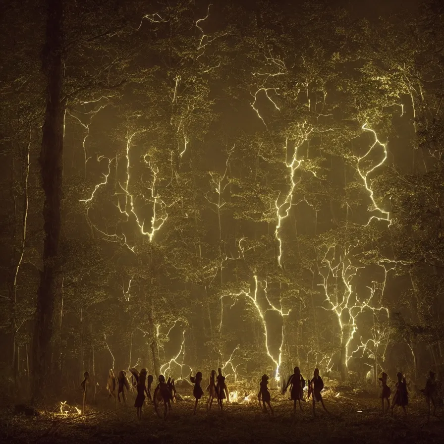 Image similar to photography award of a night carnival fairies, creatures and fantastic people disguised as fantastic creatures in the forest by summer night, masterpiece photography by gregory crewdson, volumetric lightning
