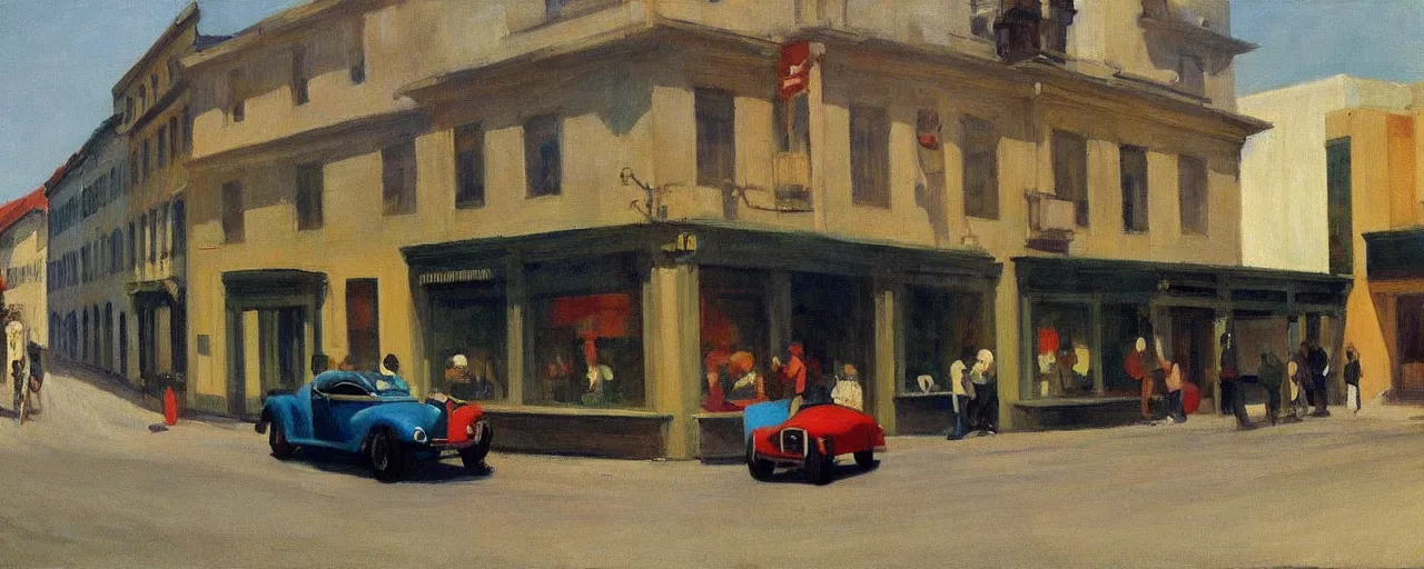 Prompt: an edward hopper style painting of a busy road of ( ( ( ( ( ( ( ( gyor ) ) ) ) ) ) ) ) in hungary on monday, may of 1 9 4 8