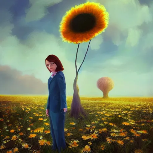 Image similar to giant daisy flower head, frontal, girl in a suit, surreal photography, sunrise, dramatic light, impressionist painting, digital painting, artstation, simon stalenhag