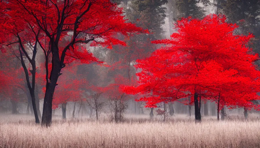 Image similar to mysterious forest with red trees blossom artistic landscape, trending on artstation, shutterstock, deviantart, cgsociety, blendernation.