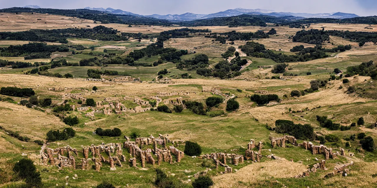 Prompt: Landscape photography, wide shot of epic Italian landscape near river Aufidus, distant battle of Cannae 216 BCE, with republic-era Roman soldiers in formations, Carthaginian phalanxes in formations