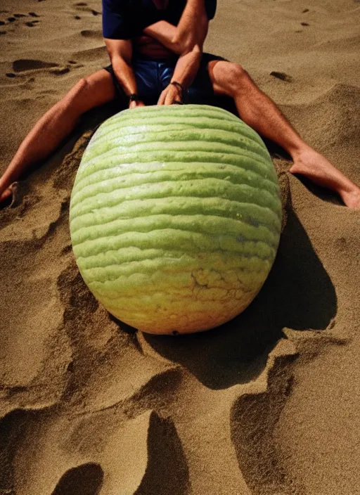 Image similar to jeff goldblum as a melon on the sand of a beach