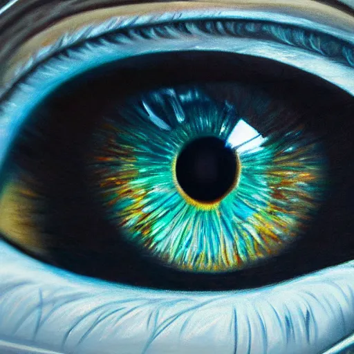 Image similar to a highly detailed photorealistic painting of a human eye with a reflection of outer space