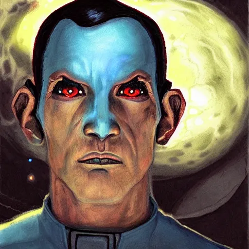 Prompt: grand admiral thrawn chiss, horror, ethereal, fantasy, space opera, painting by magalie villeneuve