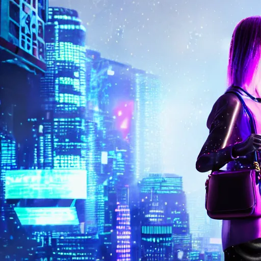 Image similar to a girl wearing a handbag from the future, cyberpunk background, highly detailed, epic lighting, 8 k