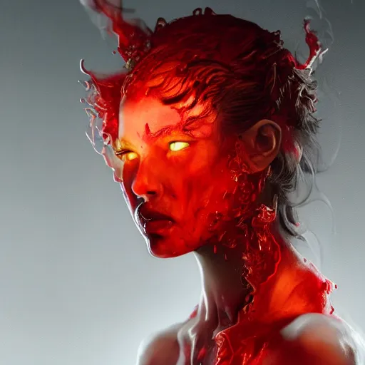 Image similar to portrait of burning woman, fire, blood red eyes, vampire fangs, fantasy, intricate, elegant, highly detailed, digital painting, artstation, concept art, matte, sharp focus, illustration, octane render, unreal engine, art by aenaluck and roberto ferri and greg rutkowski, epic fantasy, digital painting