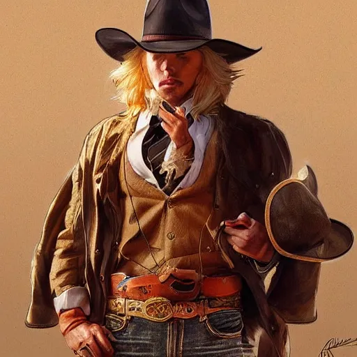 Image similar to Golden Retriever dressed as a Cowboy, highly detailed, digital painting, artstation, concept art, smooth, sharp focus, illustration, art by artgerm and greg rutkowski and alphonse mucha