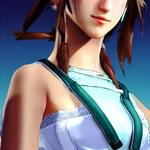 Image similar to mid-close portrait of Aerith Gainsborough in the style of GTA-5 loading screen art