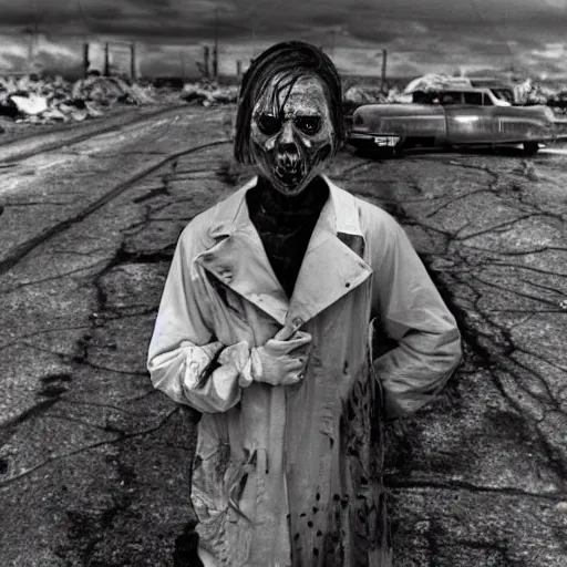 Prompt: real life sentient and composed irradiated undead with acute radiation sickness flaking, melting, rotting skin wearing 1950s clothes in a 1950s nuclear wasteland black and white award winning photo highly detailed, highly in focus, highly life-like, facial closeup taken on Arriflex 35 II, by stanley kubrick