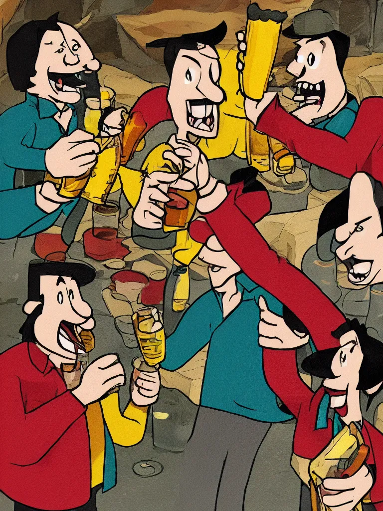 Prompt: a cartoon of the two el chupacabra brothers cheersing over a beer, 2d, animation, shaded