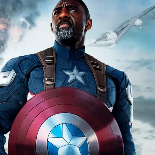 Image similar to film still of Idris Elba as Captain America in new Avengers film, photorealistic 8k