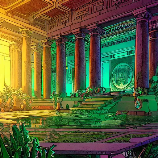 Image similar to Interior of Greek Temple covered in green lychen in the graphic style of Patrick Gleason and Marvel Comics, hyper detailed, trending on artstation, glow, volumetric, intricate, symmetric, Beautiful comic art