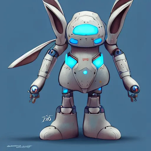 Prompt: a rabbit robot warrior, artstation, by hayao myazaki, concept art, digital art, light blue, 2 - dimensional, 2 d