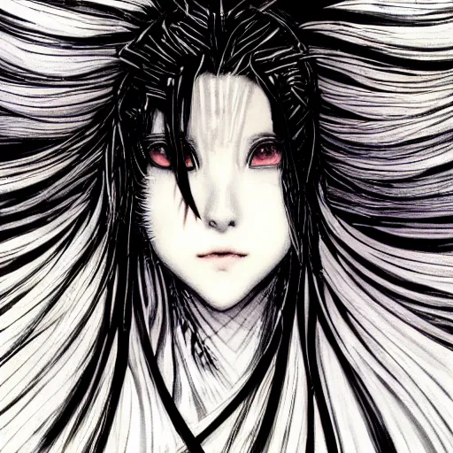 Image similar to Yoshitaka Amano blurred and dreamy illustration of an anime girl with black eyes, wavy white hair fluttering in the wind and cracks on her face wearing elden ring spiky armor, abstract black and white patterns on the background, noisy film grain effect, highly detailed, Renaissance oil painting, weird portrait angle, evangelion color palette