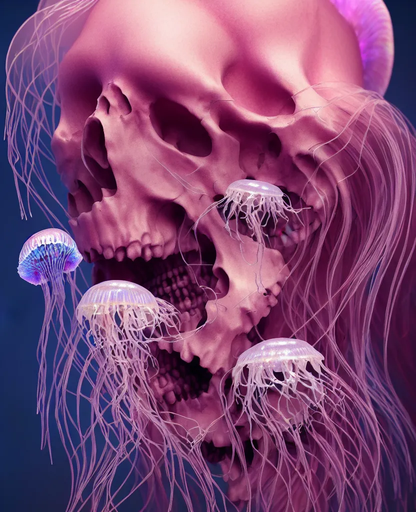 Image similar to goddess close - up portrait human skeleton, ram skull, jellyfish, orchid, betta fish, bioluminiscent, intricate artwork by tooth wu and wlop and beeple. octane render, trending on artstation, greg rutkowski very coherent symmetrical artwork. cinematic, hyper realism, high detail, octane render, 8 k