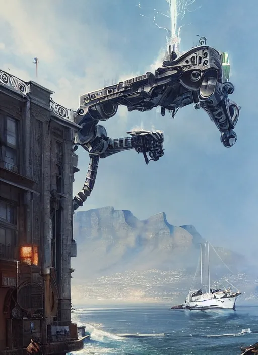 Image similar to hyper realistic robot attacking cape town city harbor beautiful details, strong composition, poster painted by greg rutkowski, james gurney and greg rutkowski weta studio, and lucasfilm and best of artstation