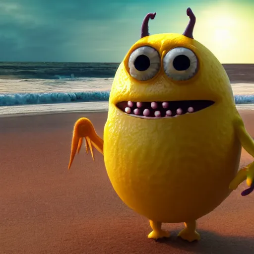 Prompt: 3 d render, of anthropomorphic lemon character looks like a monster from the movie وmonsters inc, with lemon skin texture, he is wearing a hat, building a sandcastle on the beach at sunset, beach, huge waves, sun, clouds, long violet and green trees, rim light, cinematic photography, professional, sand, sandcastle, volumetric lightening